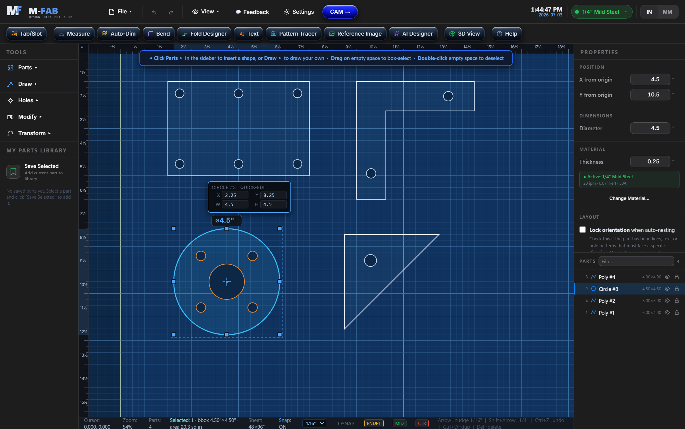 M-FAB design view: parametric parts with a selected flange showing live dimensions